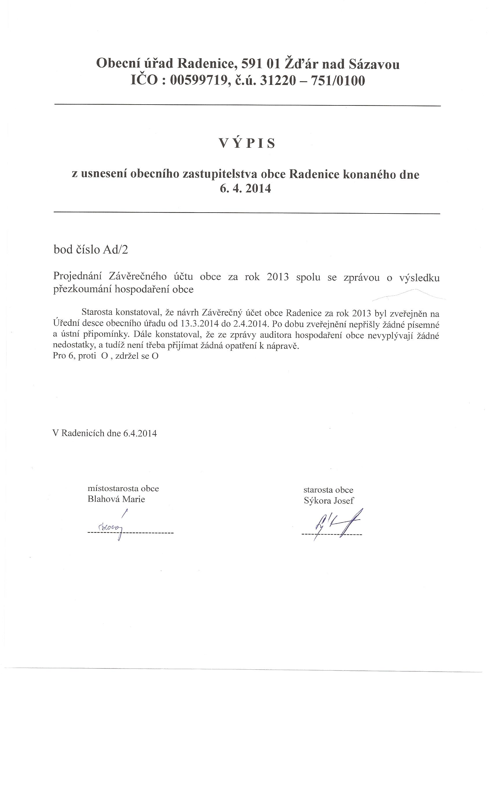 Zaverecny ucet obce 2013 strana 1