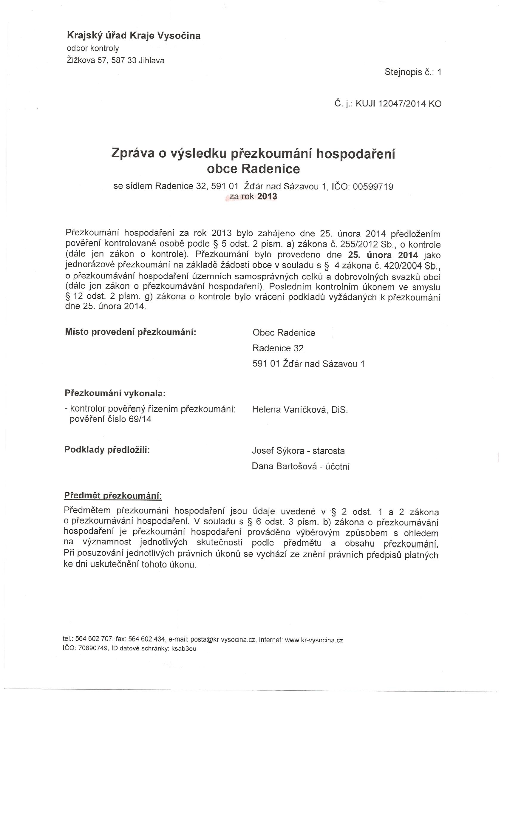 Zprava o vysledku prezkoumani 2013 strana 1